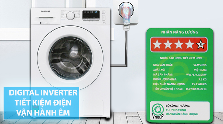 Máy giặt Samsung WW75J42G3KW/SV tiết kiệm điện năng