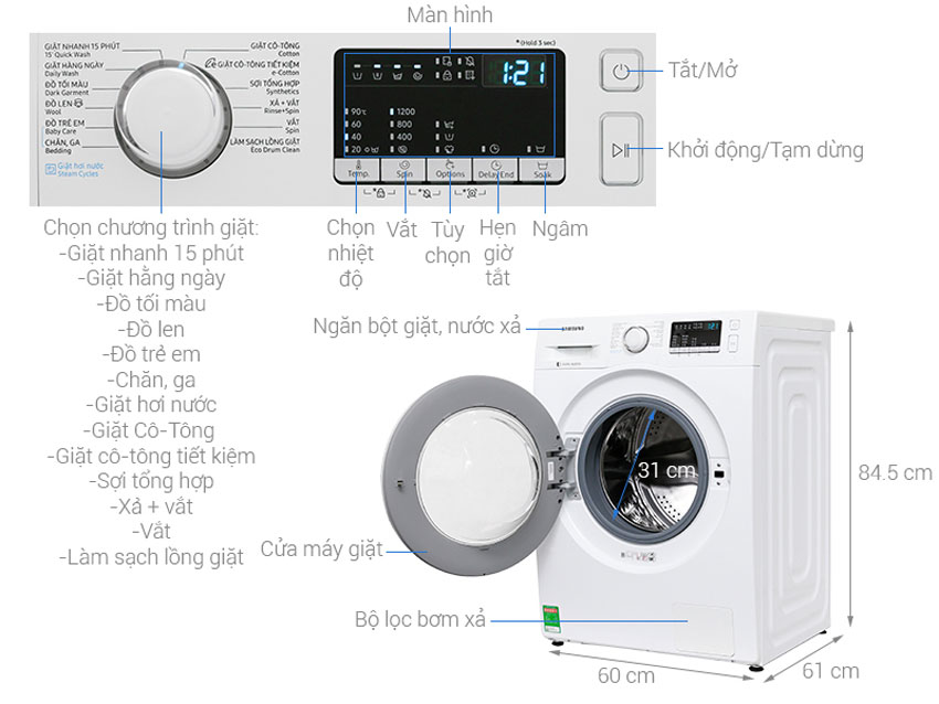 Máy giặt Samsung WW75J42G3KW/SV tiết kiệm điện năng